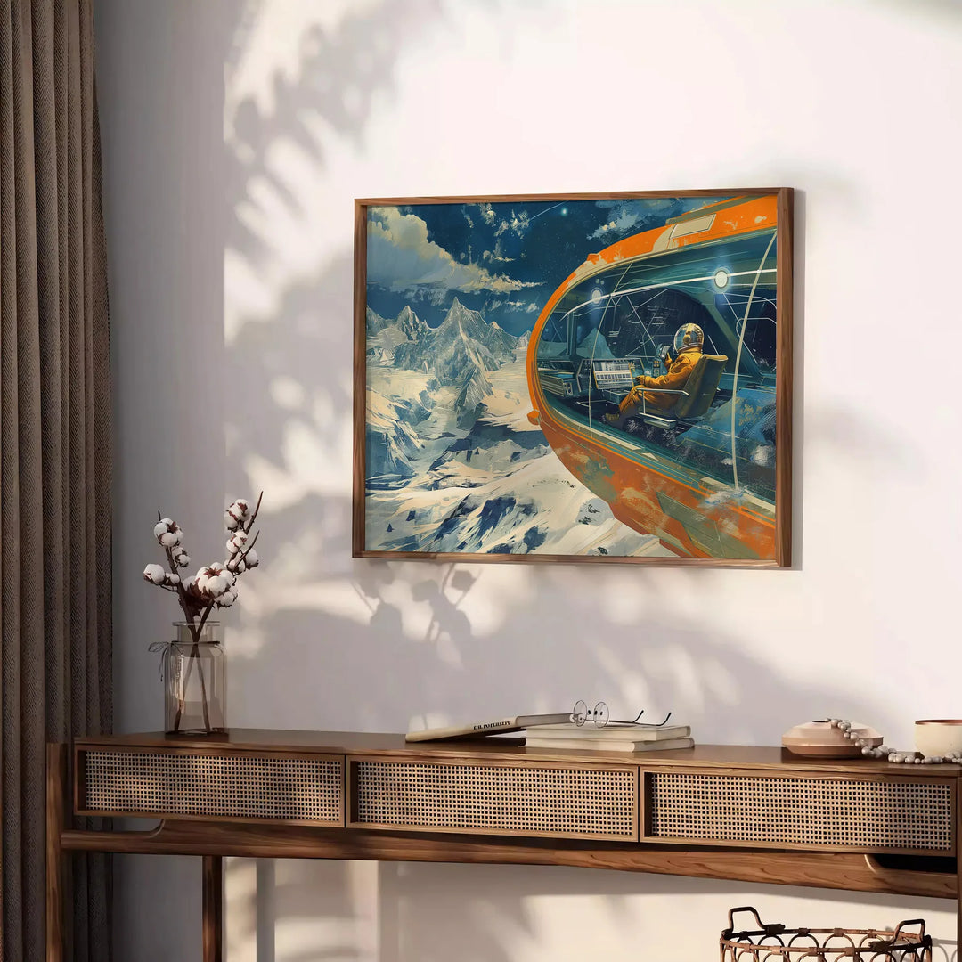 Futuristic travel scene with abstract shapes in gray and green - styled on a counter with eucalyptus and a bowl of lemons