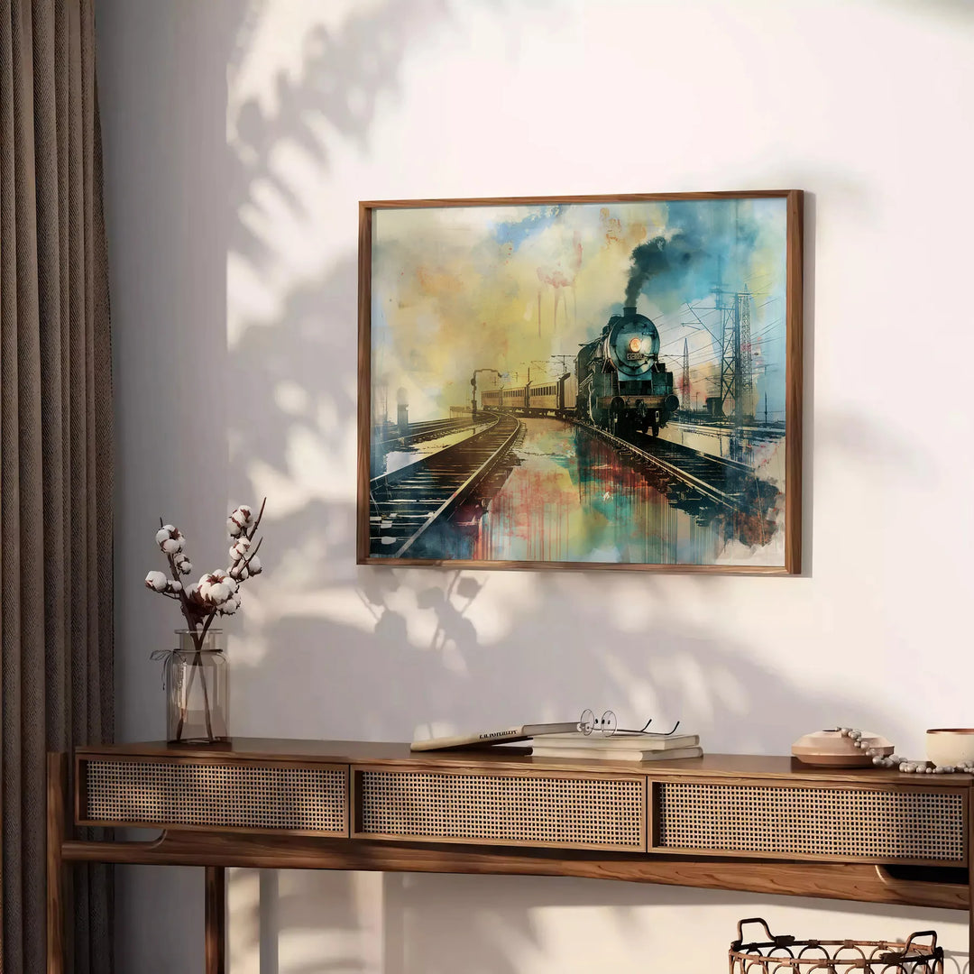 Watercolor depiction of futuristic travel with shades of brown and green - styled on a counter with eucalyptus and a bowl of lemons