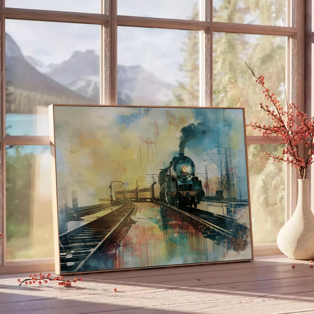 Watercolor depiction of futuristic travel with shades of brown and green - beside a round wooden side table with books