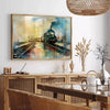 Watercolor depiction of futuristic travel with shades of brown and green - in a Parisian living room with a sofa and a fig plant