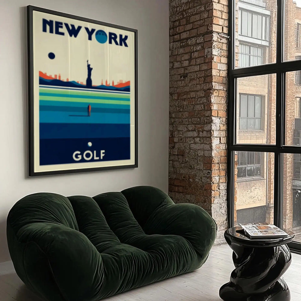 Vintage illustration of golfers in New York with muted tones