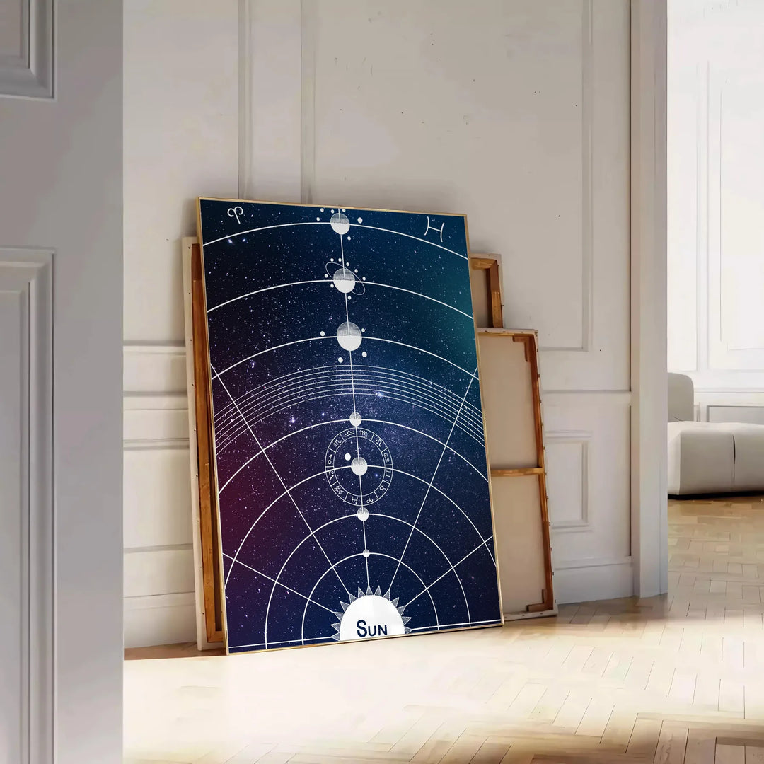 A cosmic scene featuring swirling green and blue hues in a galaxy. - leaning on a herringbone floor against a white panelled wall