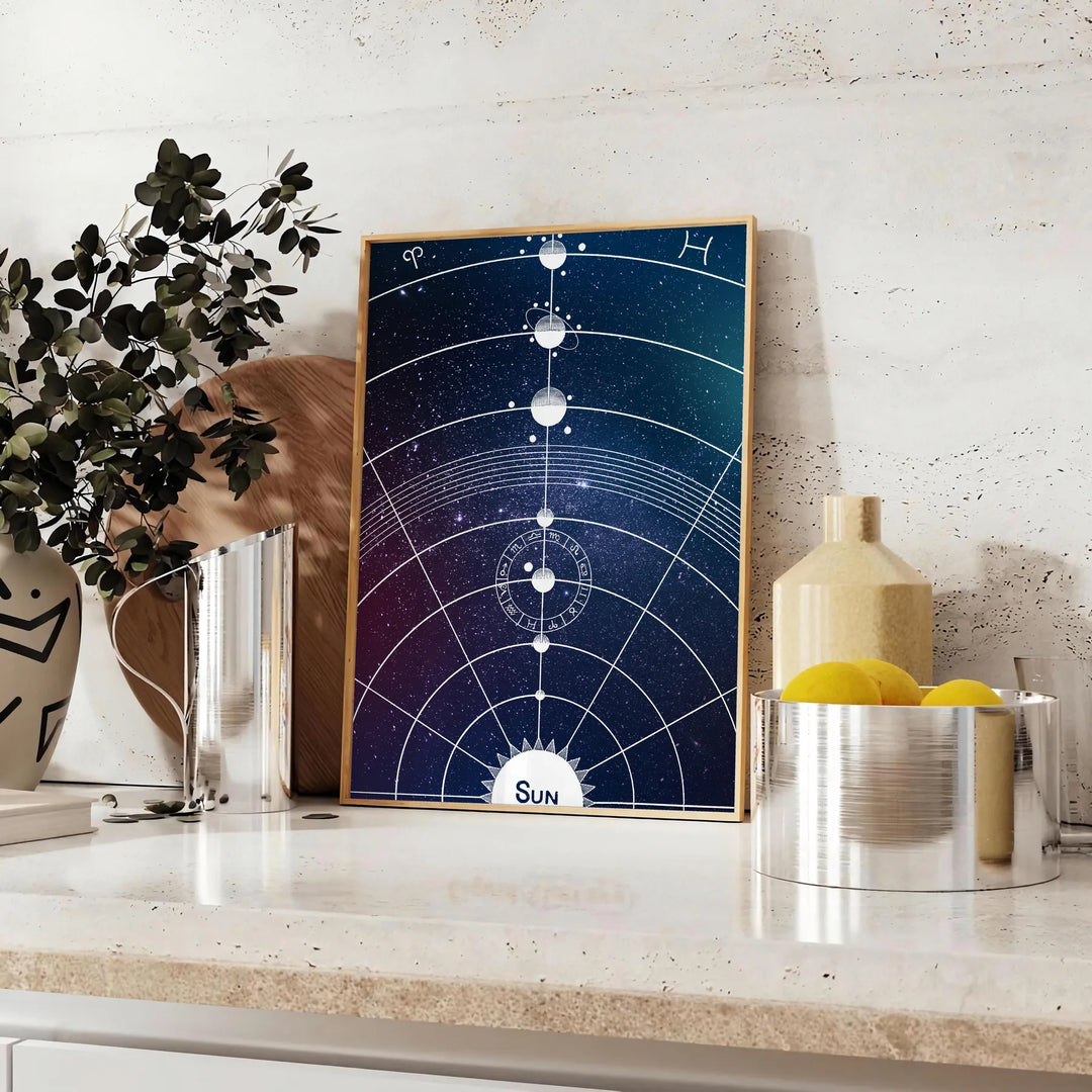 A cosmic scene featuring swirling green and blue hues in a galaxy. - styled on a counter with eucalyptus and a bowl of lemons
