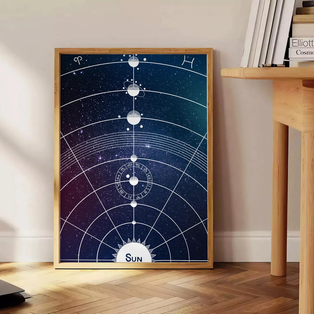 A cosmic scene featuring swirling green and blue hues in a galaxy. - beside a round wooden side table with books