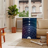 A cosmic scene featuring swirling green and blue hues in a galaxy. - in a Parisian living room with a sofa and a fig plant