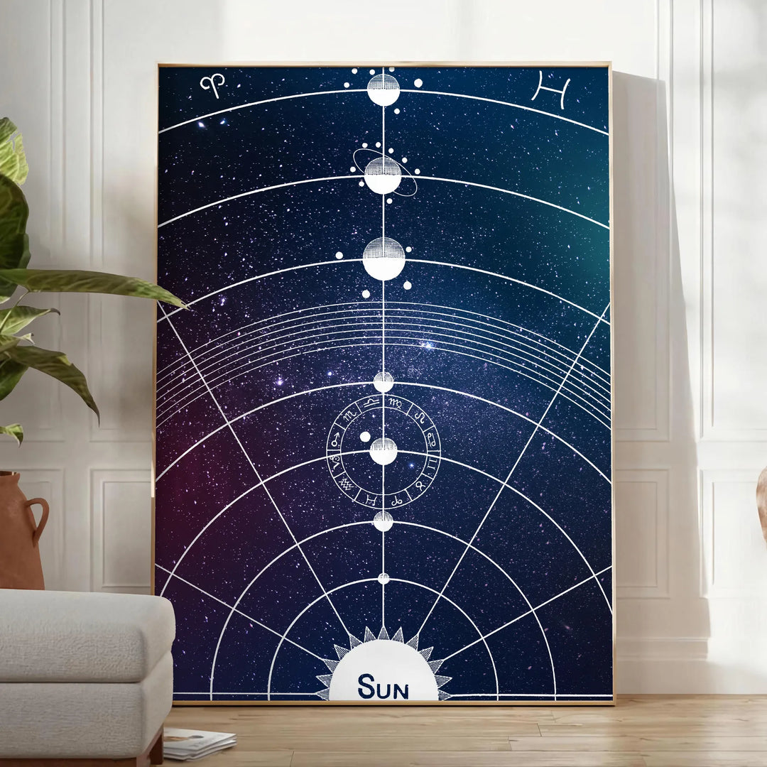 A cosmic scene featuring swirling green and blue hues in a galaxy. - in a bright minimalist room with a plant and an armchair
