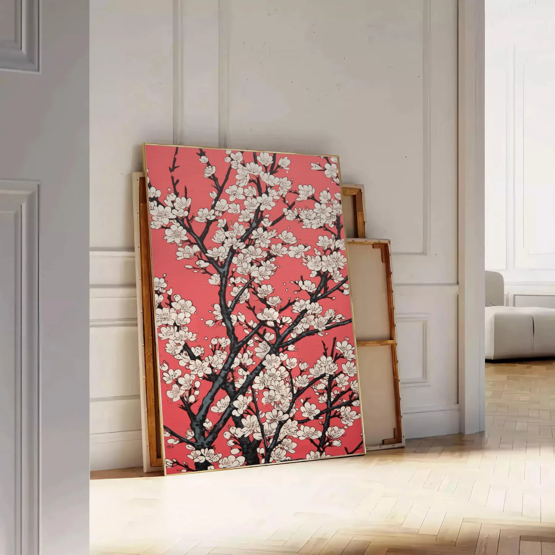 floral garden scene with black and orange tones - leaning on a herringbone floor against a white panelled wall