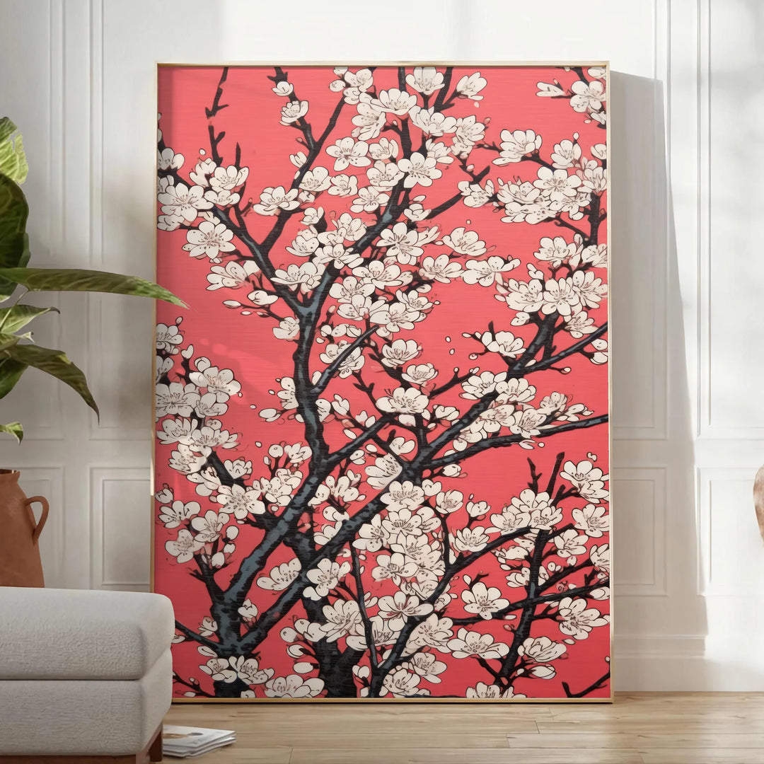 floral garden scene with black and orange tones - in a bright minimalist room with a plant and an armchair