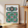 lush green garden with purple flowers in a serene setting - beside a round wooden side table with books