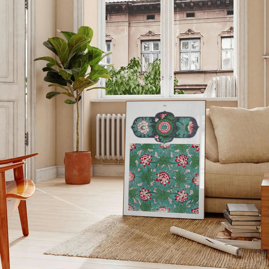 lush green garden with purple flowers in a serene setting - in a Parisian living room with a sofa and a fig plant