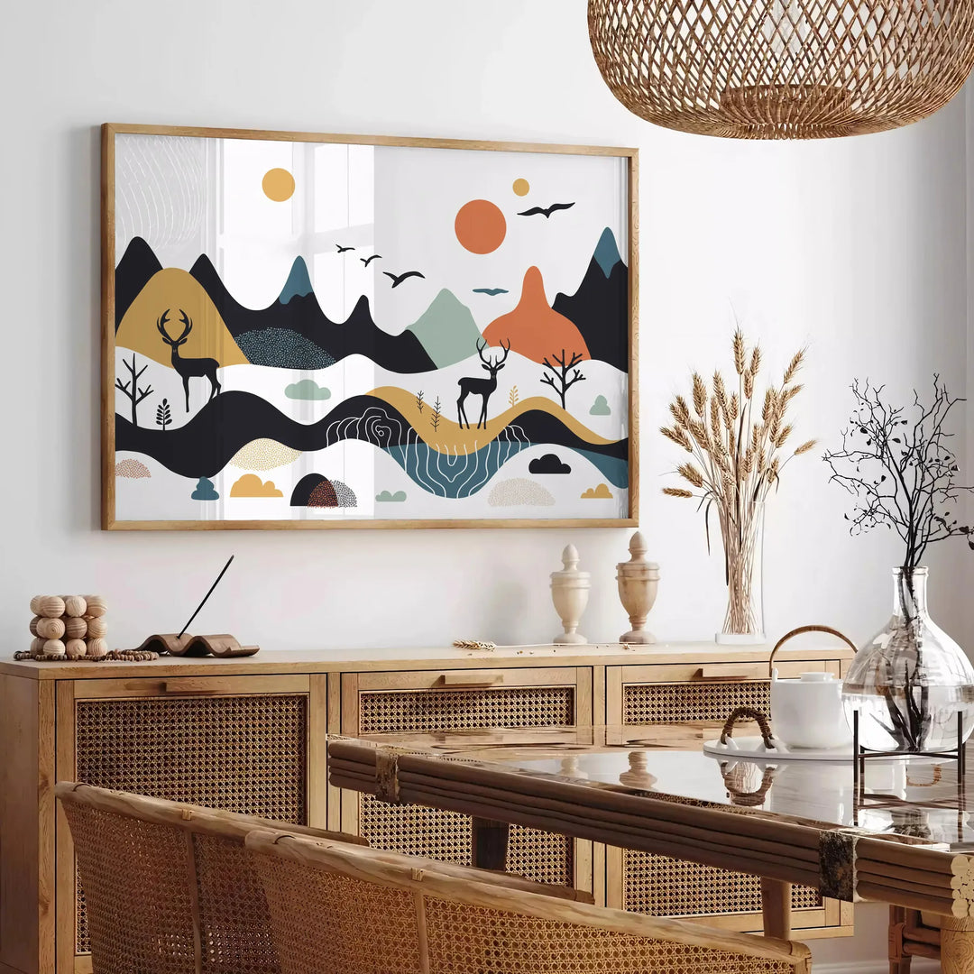 Geometric minimal art featuring gray and green shapes on a white background - in a Parisian living room with a sofa and a fig plant