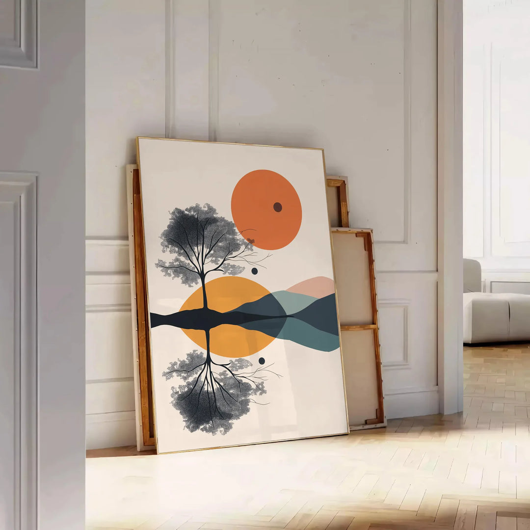 Geometric shapes in green and orange on a minimalist background - leaning on a herringbone floor against a white panelled wall
