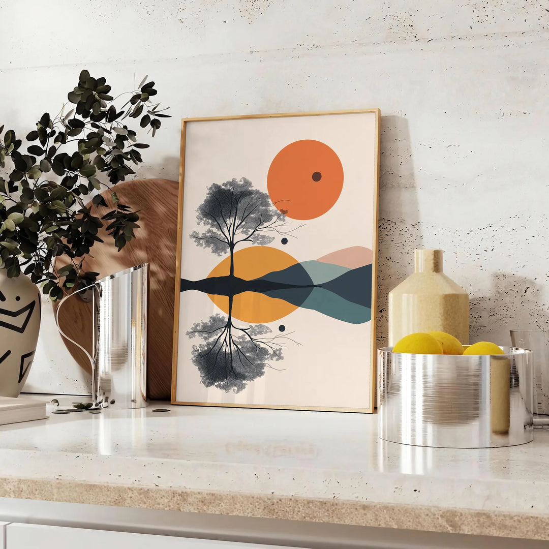 Geometric shapes in green and orange on a minimalist background - styled on a counter with eucalyptus and a bowl of lemons