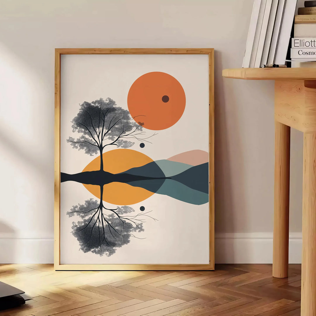 Geometric shapes in green and orange on a minimalist background - beside a round wooden side table with books