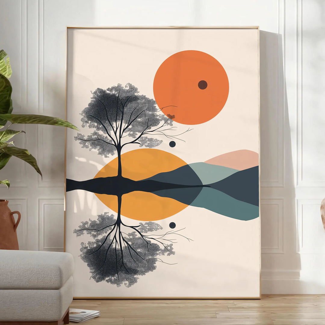 Geometric shapes in green and orange on a minimalist background - in a bright minimalist room with a plant and an armchair