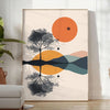 Geometric shapes in green and orange on a minimalist background - in a bright minimalist room with a plant and an armchair