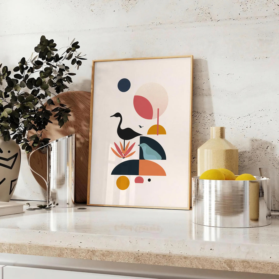 Geometric shapes in black and orange on a minimal background - styled on a counter with eucalyptus and a bowl of lemons