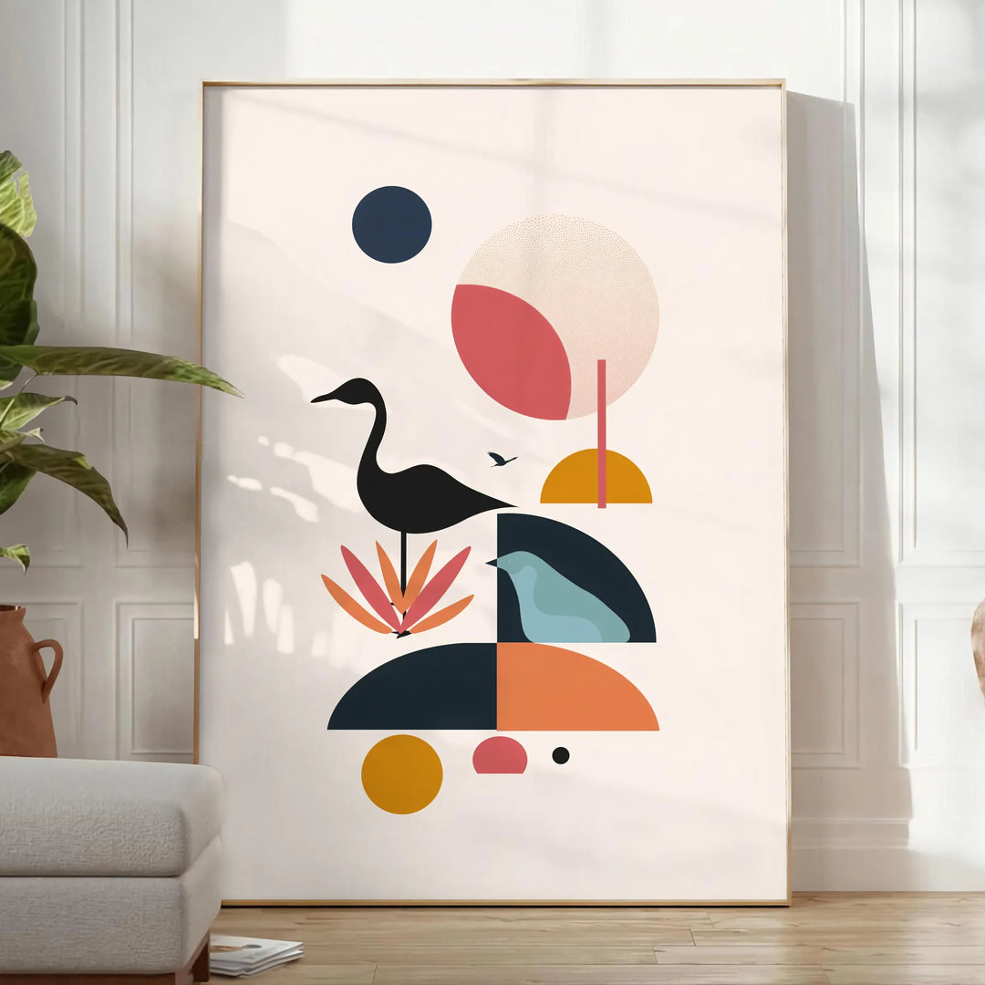 Geometric shapes in black and orange on a minimal background - in a bright minimalist room with a plant and an armchair