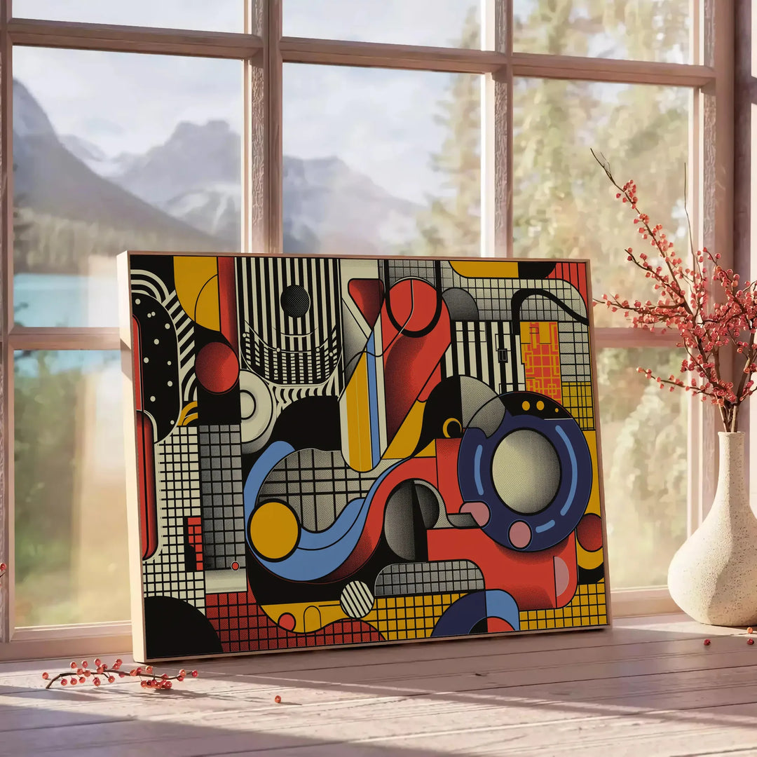 Geometric shapes in black and orange on a minimal background - beside a round wooden side table with books