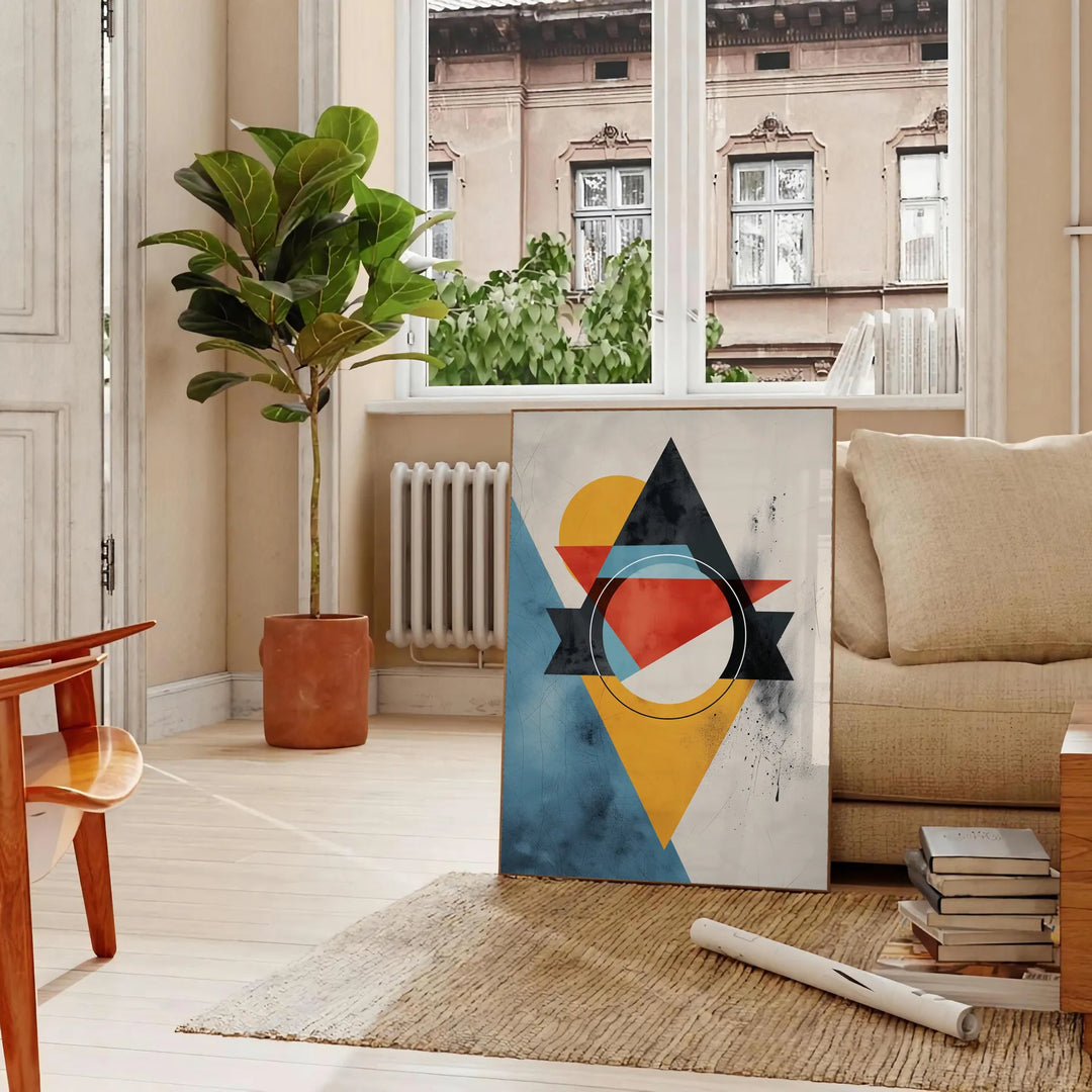 Geometric shapes in orange and blue on a minimal background - in a Parisian living room with a sofa and a fig plant
