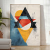 Geometric shapes in orange and blue on a minimal background - in a bright minimalist room with a plant and an armchair