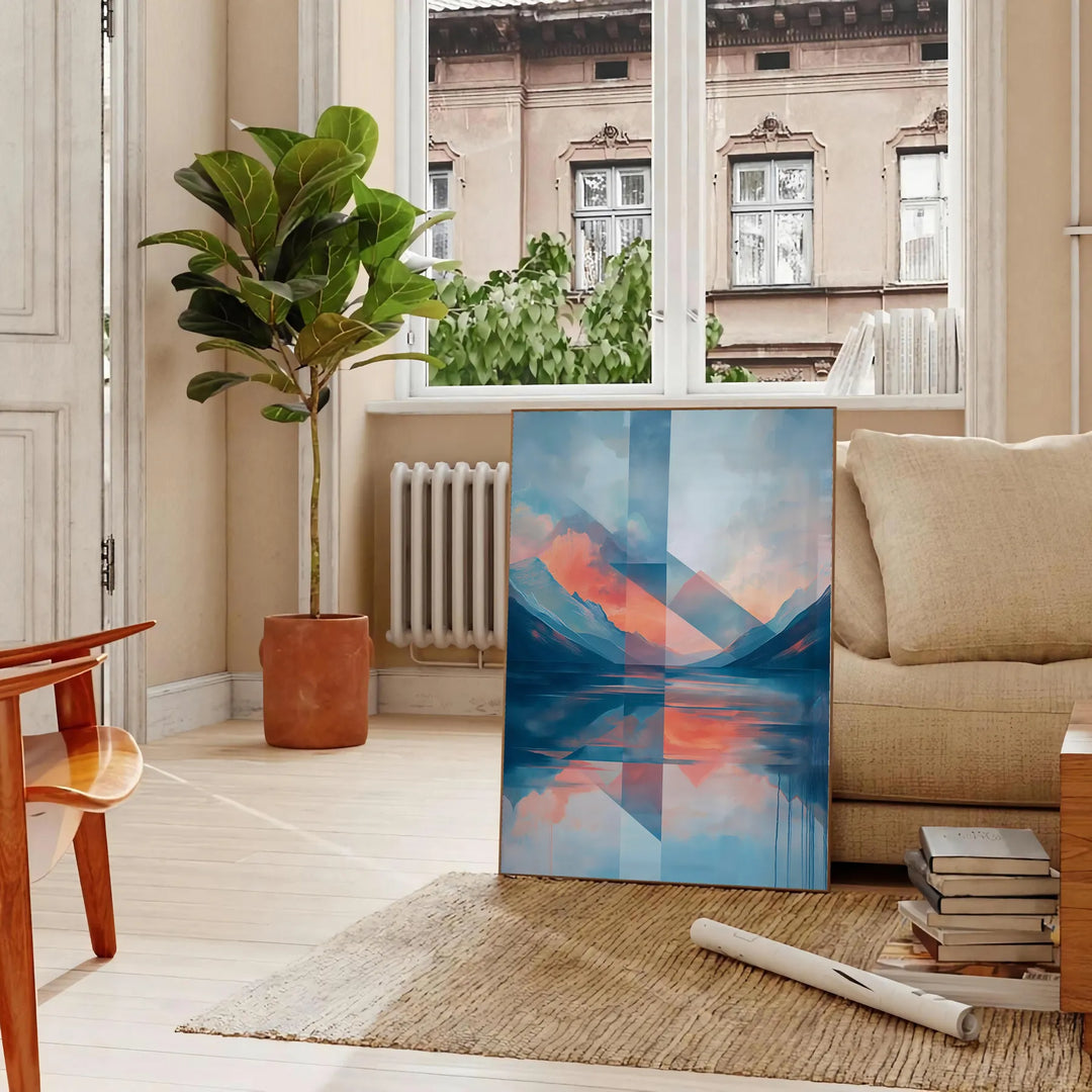 Geometric shapes in orange and blue on a minimal background - in a Parisian living room with a sofa and a fig plant