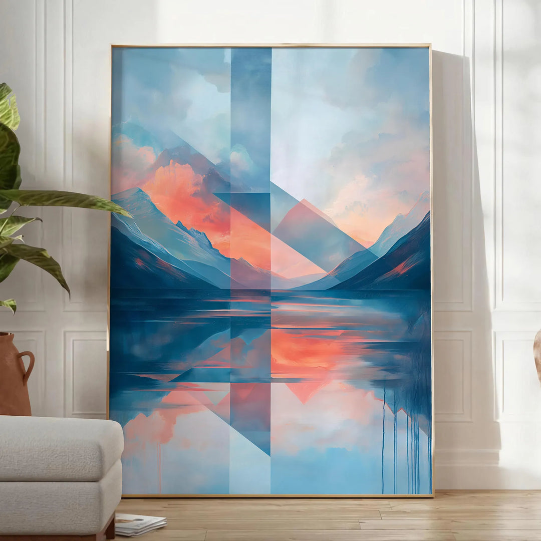 Geometric shapes in orange and blue on a minimal background - in a bright minimalist room with a plant and an armchair