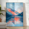 Geometric shapes in orange and blue on a minimal background - in a bright minimalist room with a plant and an armchair