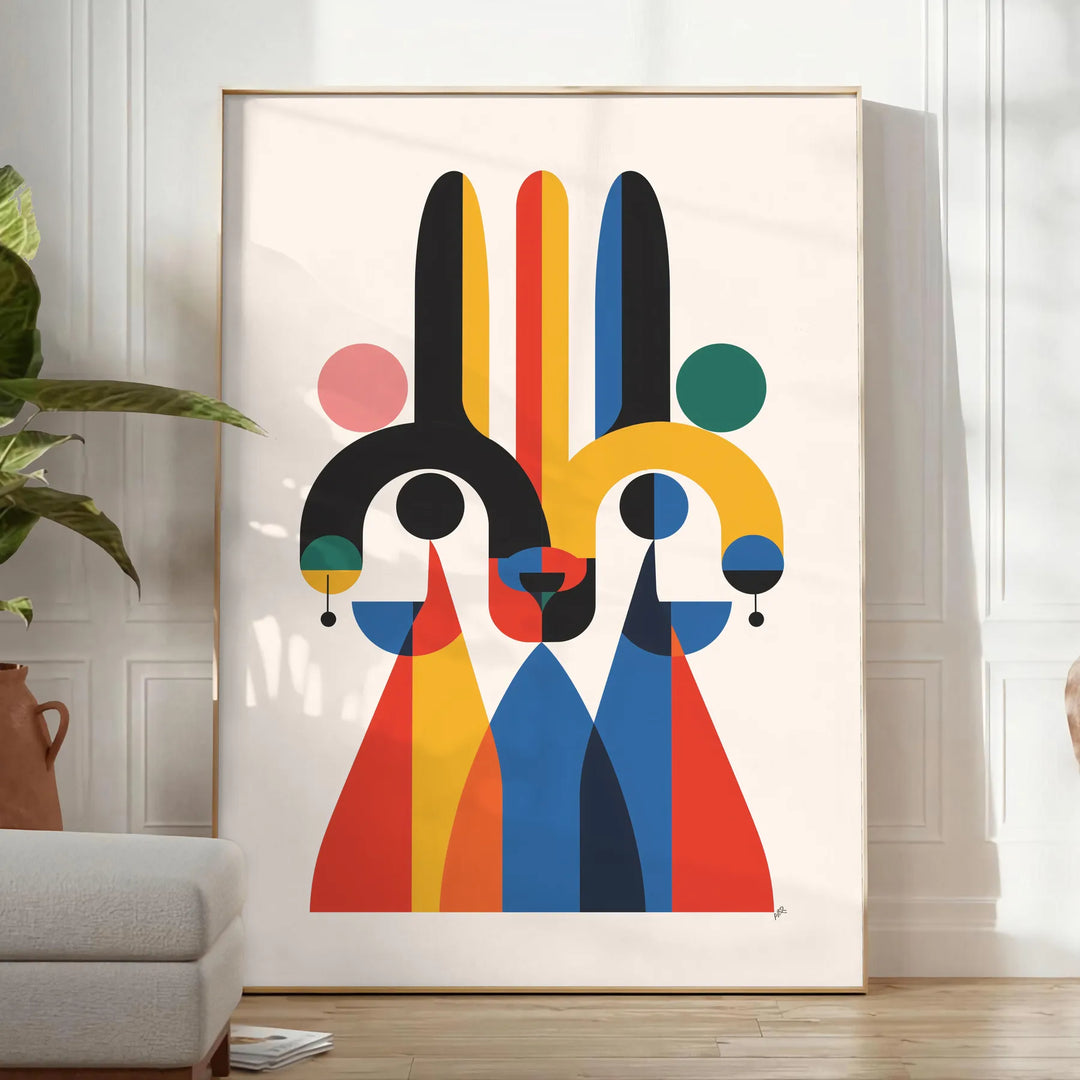 Geometriska former i grått och orange skapar en minimalistisk design - i ett ljust minimalistiskt rum med växt och fåtölj
