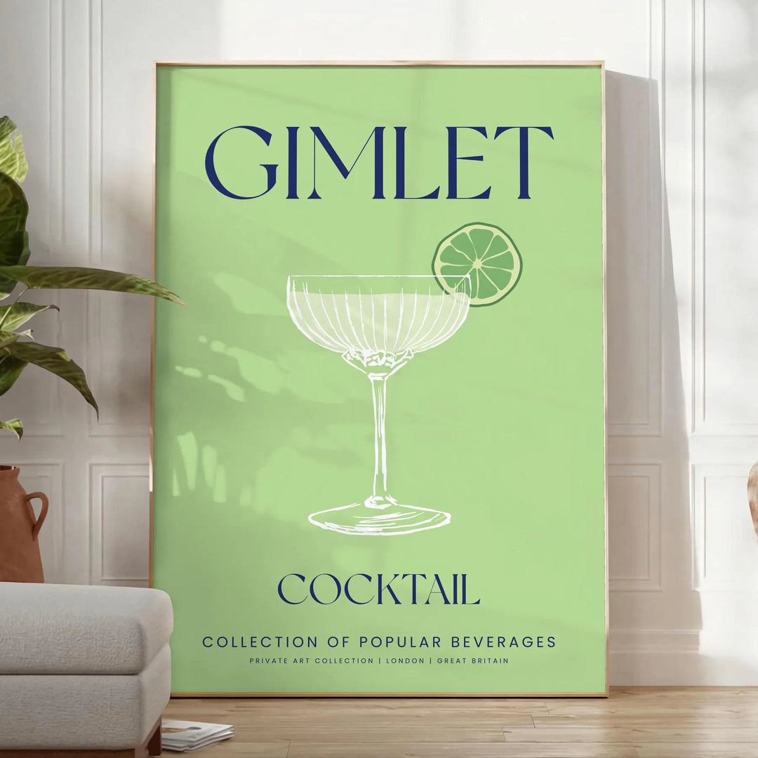 Stylowa ilustracja koktajlu Gimlet na szarym tle - w jasnym minimalistycznym pokoju z rośliną i fotelem
