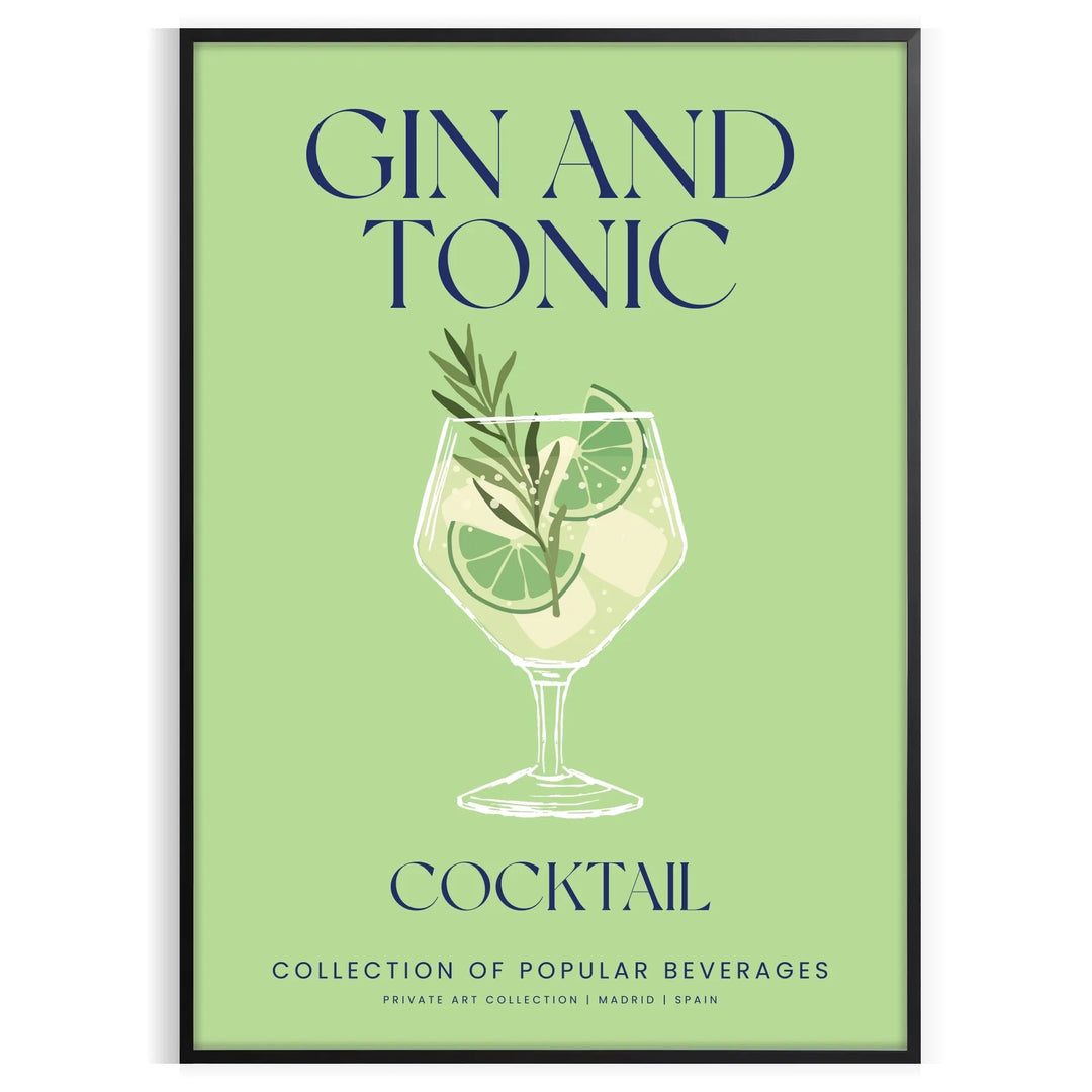 Illustration of a gin and tonic cocktail with green and blue accents
