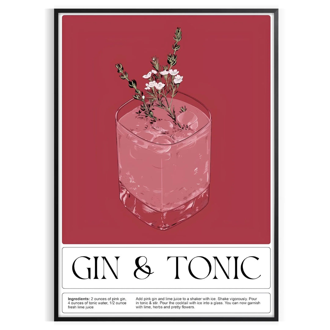 A detailed illustration of a gin tonic cocktail in a glass, featuring dark brown and black tones.