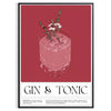 A detailed illustration of a gin tonic cocktail in a glass, featuring dark brown and black tones. - in a black frame