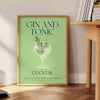 Illustration of a gin and tonic cocktail with green and blue accents - beside a round wooden side table with books