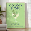 Illustration of a gin and tonic cocktail with green and blue accents - in a bright minimalist room with a plant and an armchair