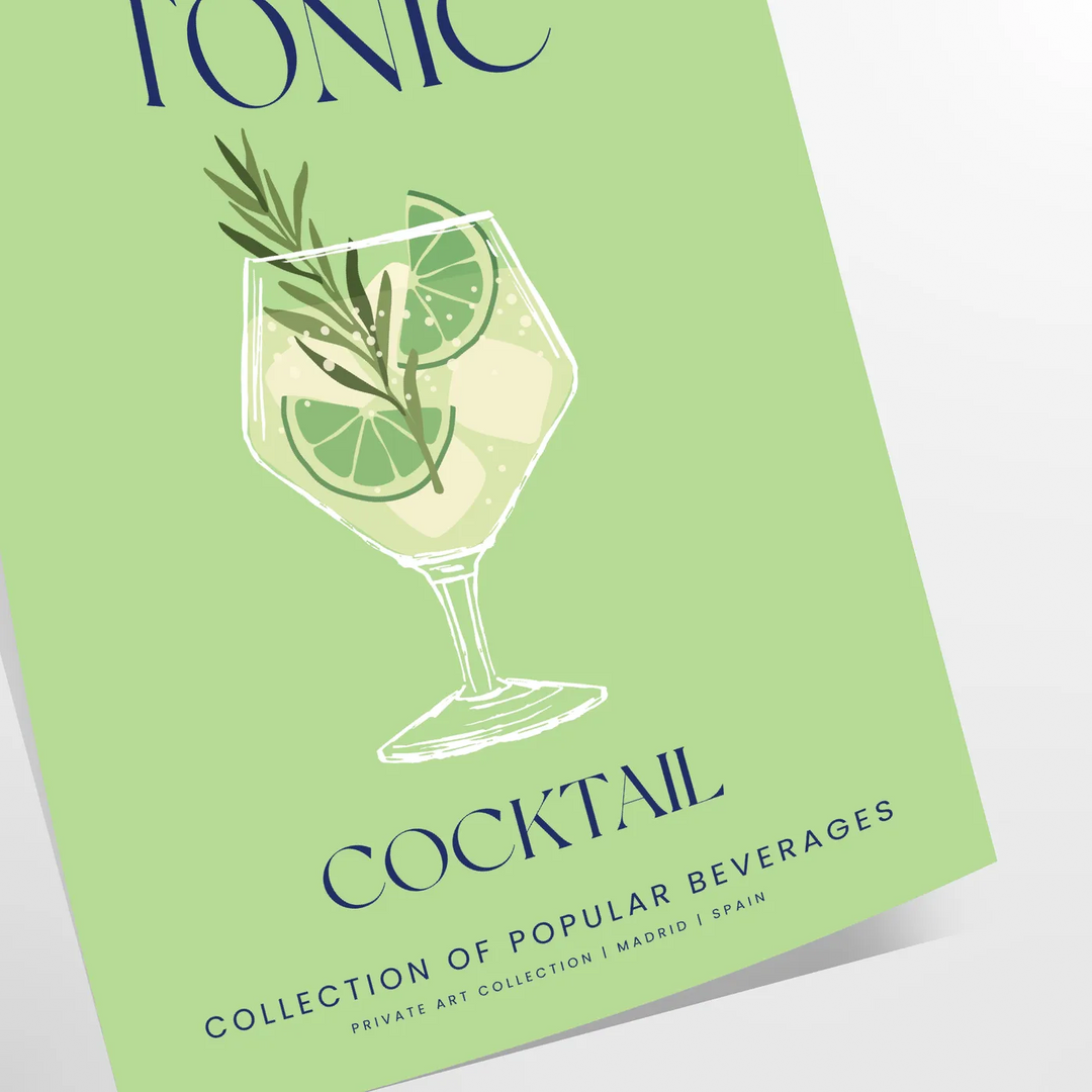 Illustration of a gin and tonic cocktail with green and blue accents