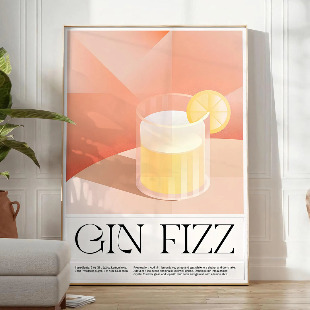 Abstract splash of orange and black depicting a Gin Fizz cocktail - in a bright minimalist room with a plant and an armchair