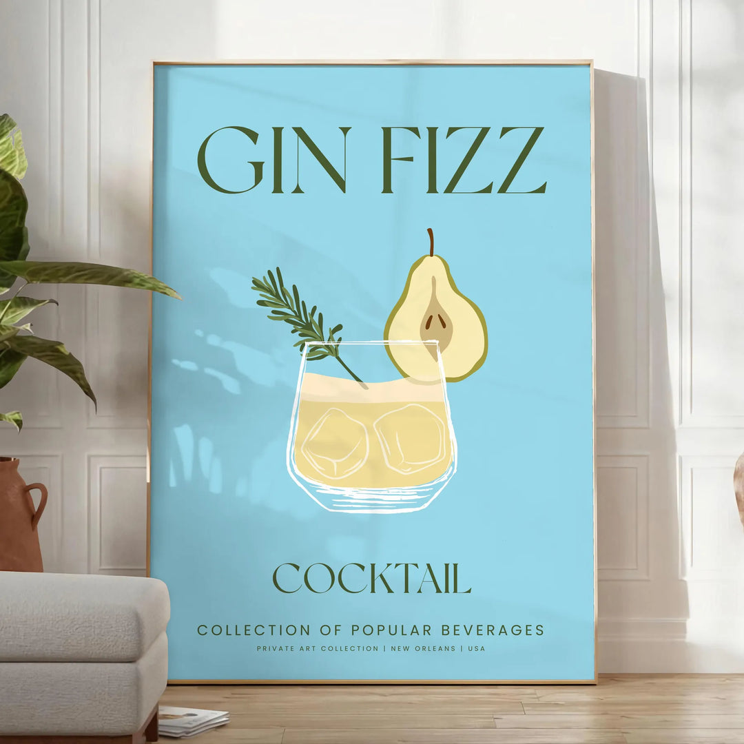 Illustrazione di un cocktail Gin Fizz in un bicchiere con tonalità verdi e grigie - in una stanza luminosa e minimalista con pianta e poltrona