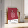 A detailed illustration of a gin tonic cocktail in a glass, featuring dark brown and black tones. - leaning on a herringbone floor against a white panelled wall