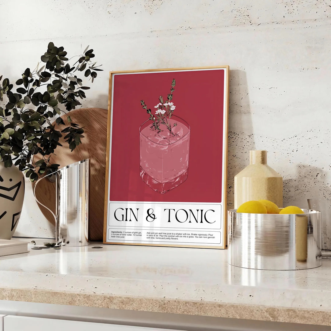 A detailed illustration of a gin tonic cocktail in a glass, featuring dark brown and black tones. - styled on a counter with eucalyptus and a bowl of lemons