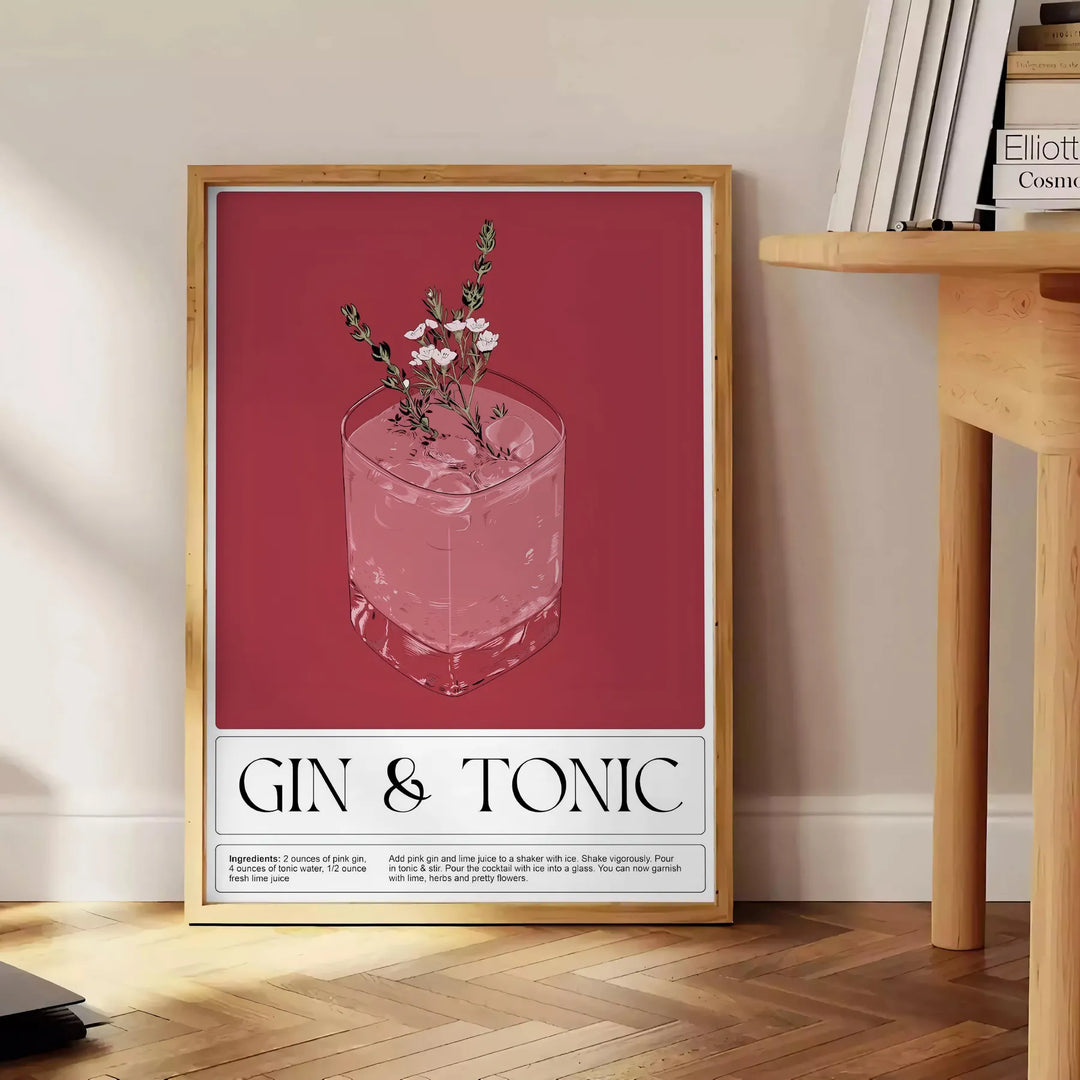 A detailed illustration of a gin tonic cocktail in a glass, featuring dark brown and black tones. - beside a round wooden side table with books