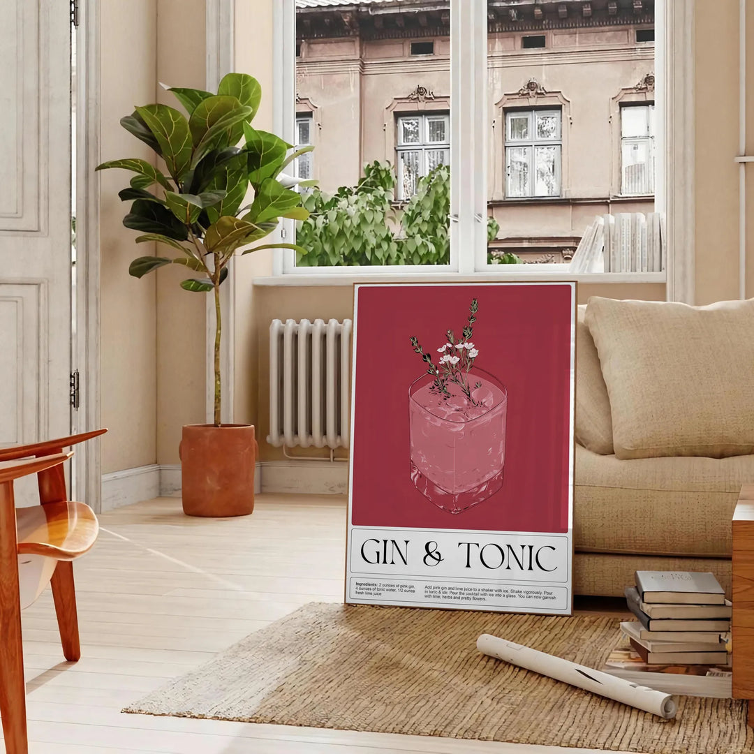 A detailed illustration of a gin tonic cocktail in a glass, featuring dark brown and black tones. - in a Parisian living room with a sofa and a fig plant