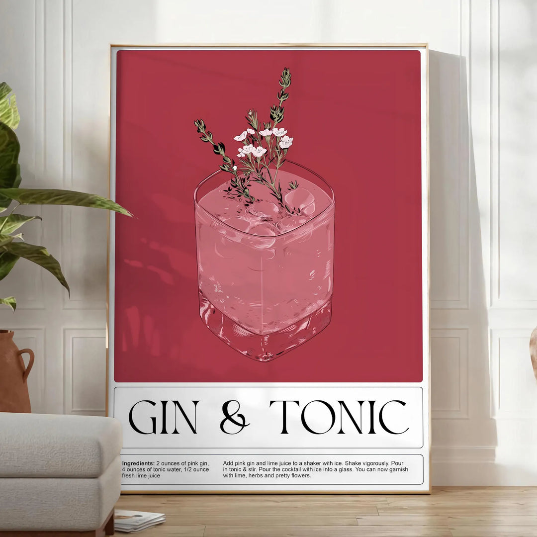 A detailed illustration of a gin tonic cocktail in a glass, featuring dark brown and black tones. - in a bright minimalist room with a plant and an armchair