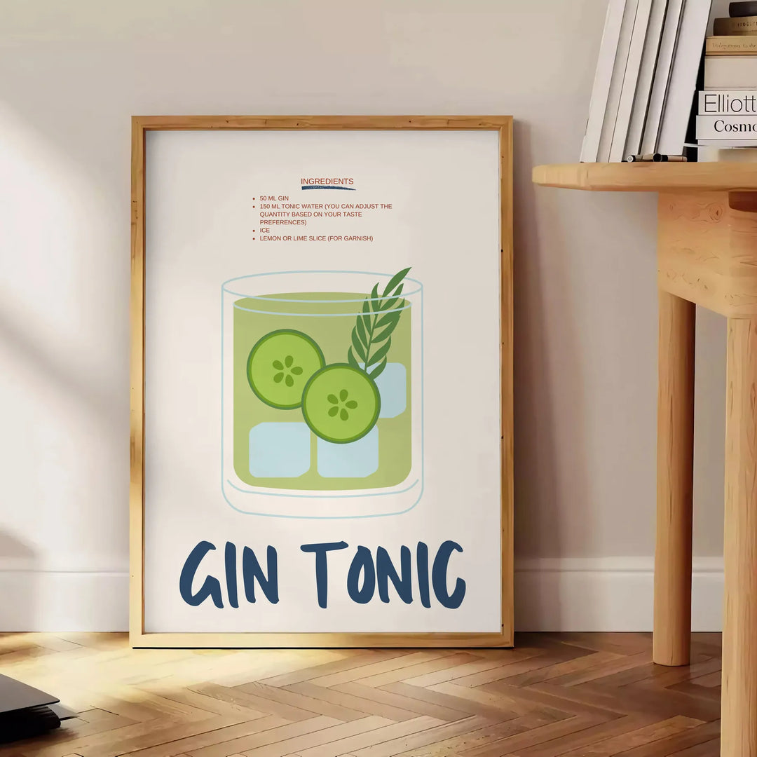 A refreshing gin and tonic with green garnishes on a white background - beside a round wooden side table with books