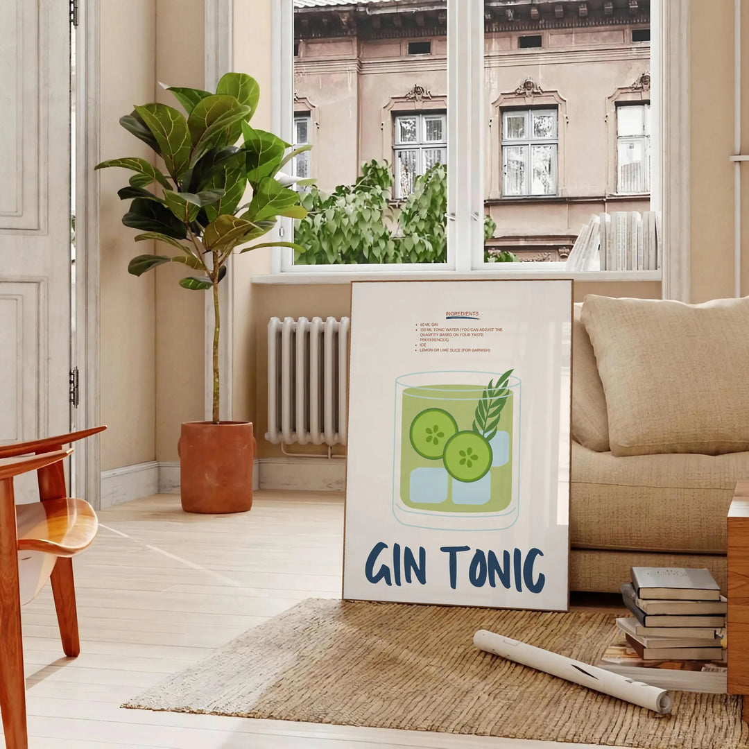 A refreshing gin and tonic with green garnishes on a white background - in a Parisian living room with a sofa and a fig plant