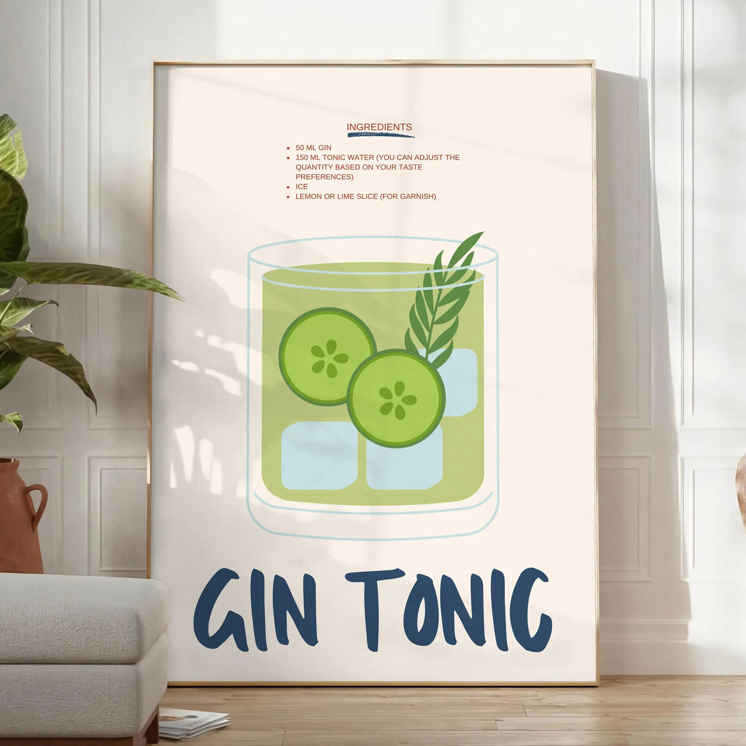 A refreshing gin and tonic with green garnishes on a white background - in a bright minimalist room with a plant and an armchair