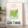 A refreshing gin and tonic with green garnishes on a white background - in a bright minimalist room with a plant and an armchair
