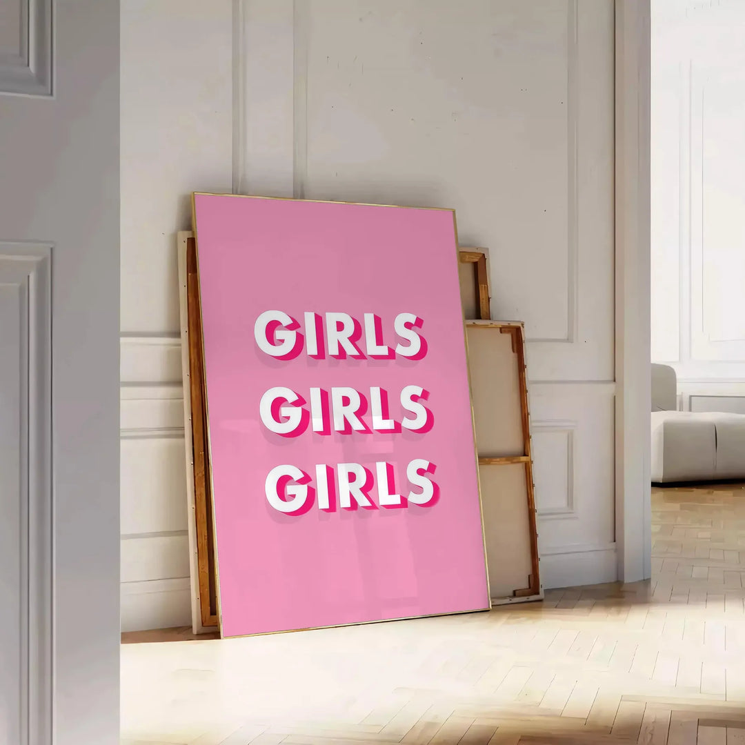 A group of diverse girls in playful poses, featuring warm brown and white tones - leaning on a herringbone floor against a white panelled wall