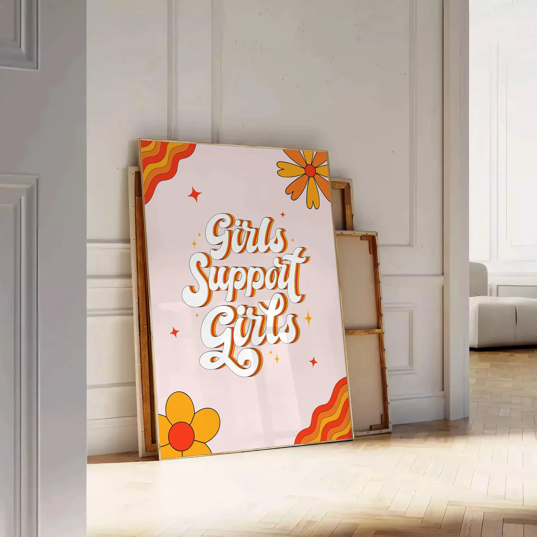 Illustration of diverse girls supporting each other in warm brown and orange tones - leaning on a herringbone floor against a white panelled wall