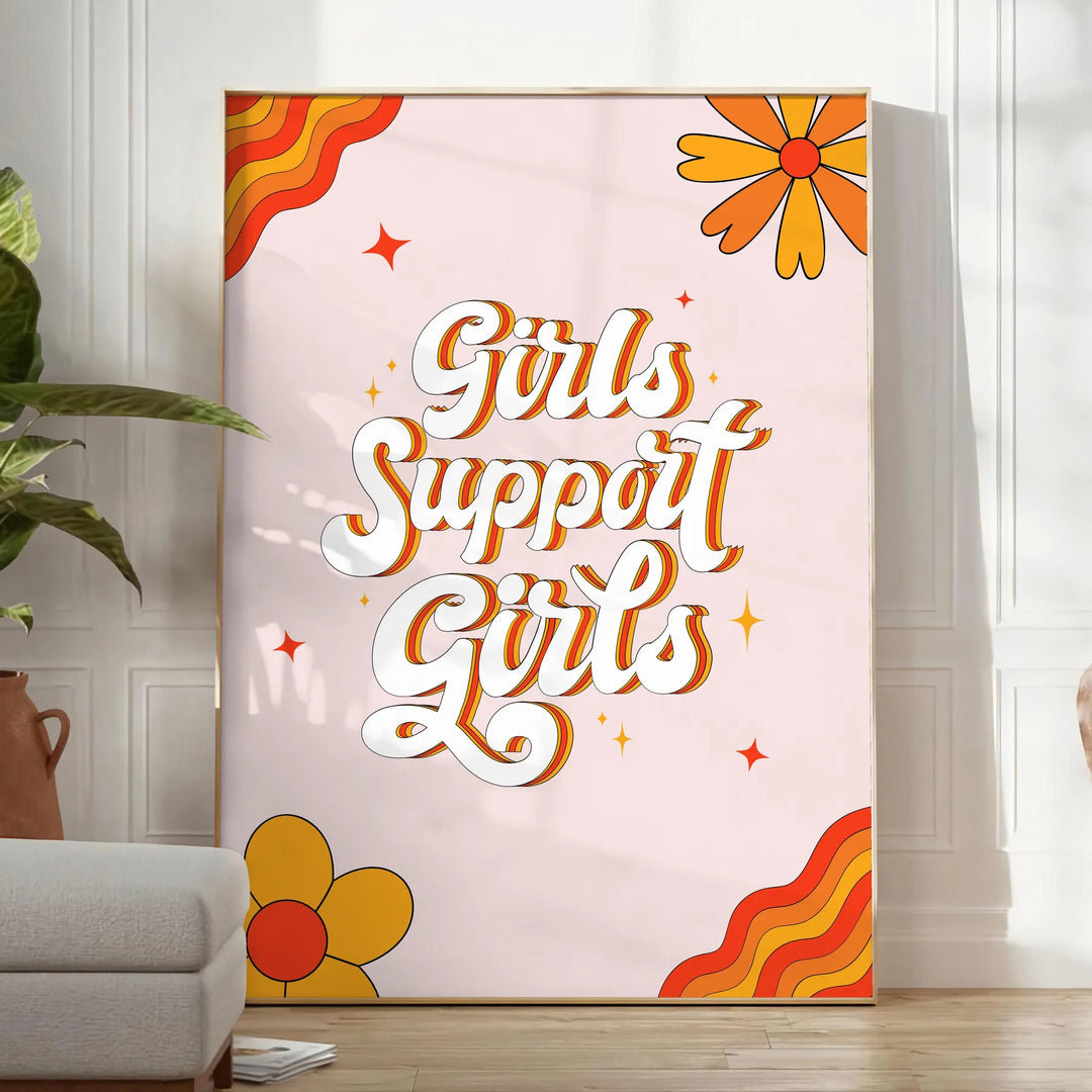 Illustration of diverse girls supporting each other in warm brown and orange tones - in a bright minimalist room with a plant and an armchair